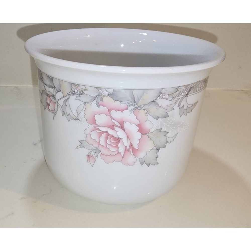 FTD White Porcelain Round Planter Cache Pot Pink Rose Floral Made in Japan